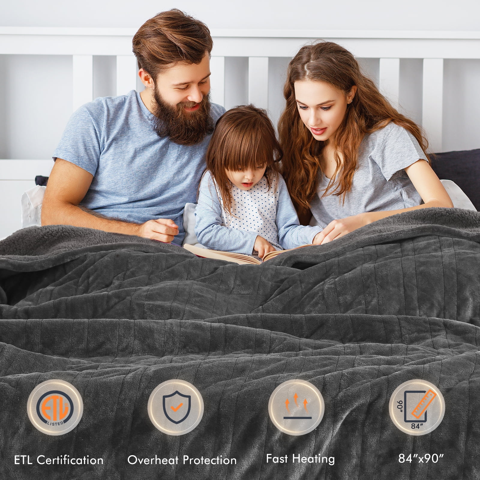MARNUR Heated Blanket Queen Size 84''x90'', Fast Heating with Dual Controllers Electric Blanket, 10 Heating Levels, 10H Timer, Preheat Function - Gray