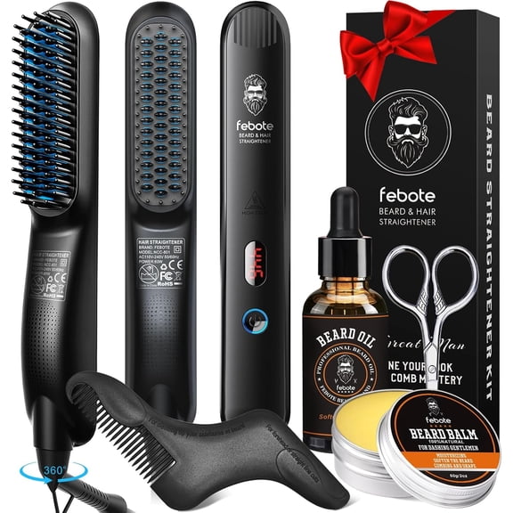 Beard Straightener Kit for Men – 5-in-1 Grooming Set with Balm, Growth Oil, Styling Comb & Scissors, Gift for Father's Day & Christmas