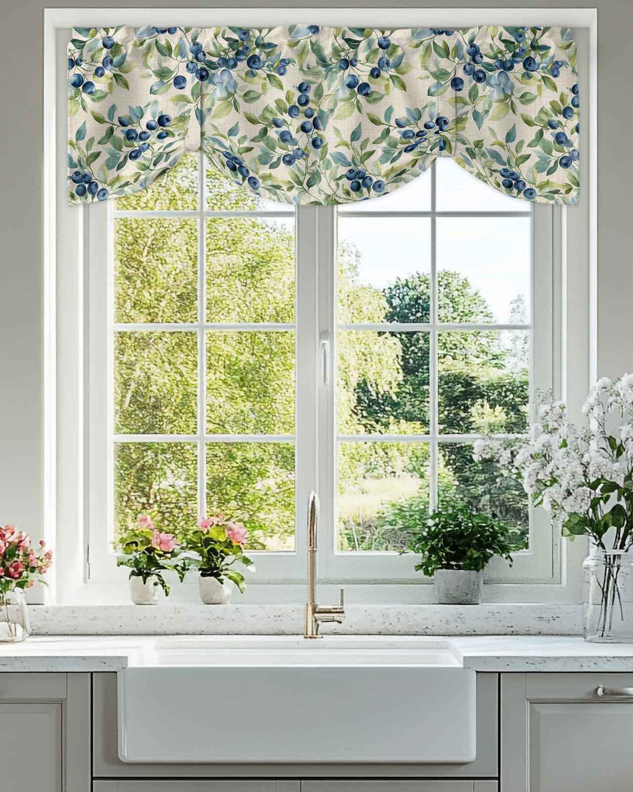 Blue Blueberry Tie Up Valances Curtain, Adjustable Kitchen Green Leaf Pastoral Plant Vintage Linen Valances for Windows Decor, Rod Pocket Short Curtains Set for Bedroom/Bathroom, 54"x18"