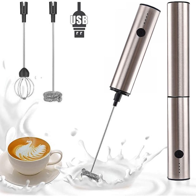 Meottam Handheld Milk Frother, USB Rechargeable Electric Milk Frother, 3 Speed Adjustable, with 2 Stainless Steel Whisks for Latte, Cappuccino, Hot Chocolate, Egg (Silver)