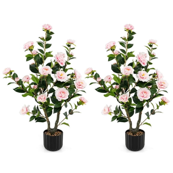 Barara King 2 Pack 38 Inch Artificial Camellia Topiary Trees with in Cement Pot, Faux Plants for Patio, Garden, Front Door, Balcony, Backyard, Pink