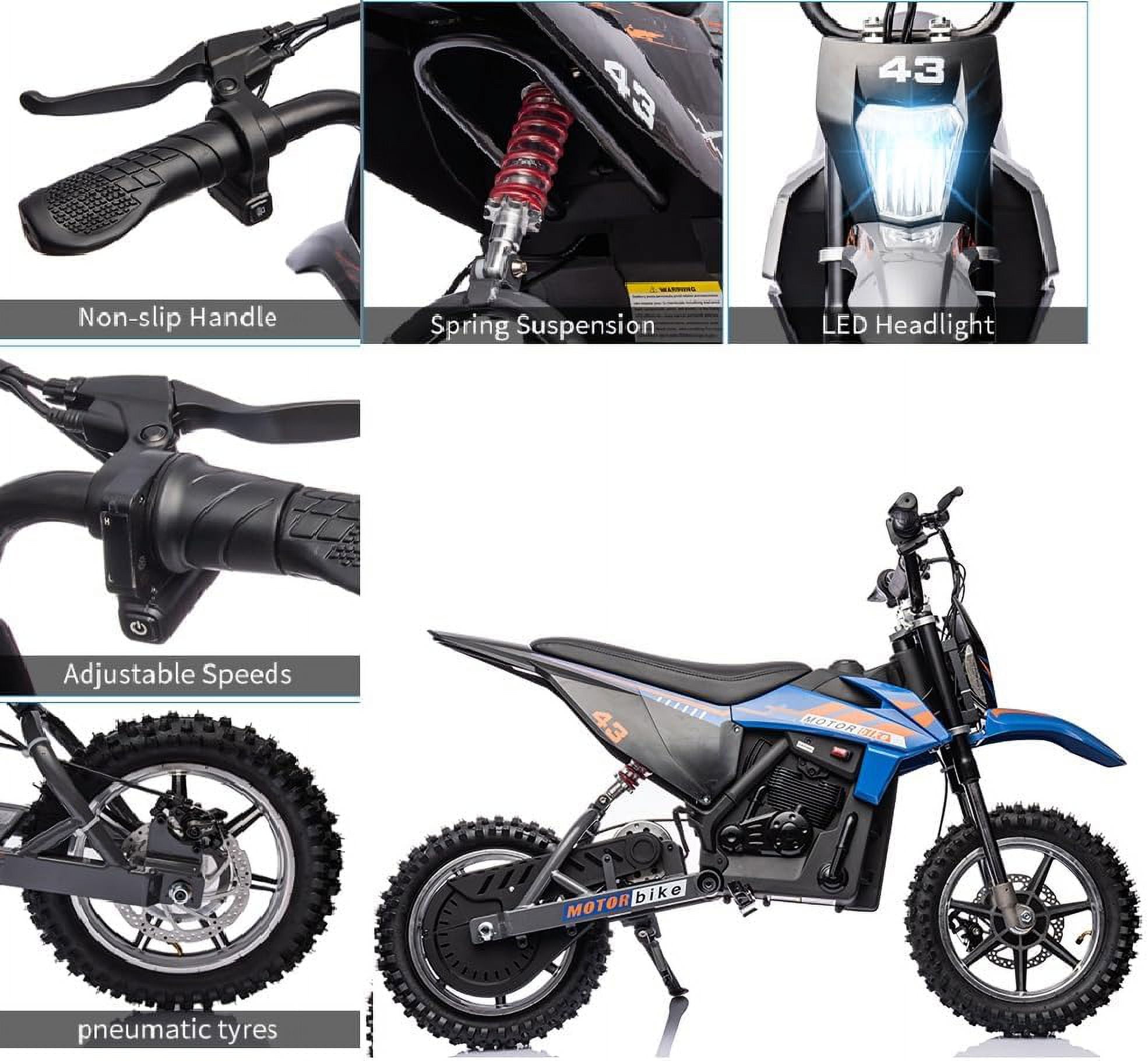 Kids Ride on Off-Road Motorcycle with LED Headlight, Leather Seat,Front+Back Brake, 36V Kids Electric Dirt Motorcycle, for Kids Ages 14+(Below 175lb) Blue Brushed Motors