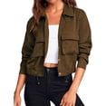thumbnail image 2 of Turn0Down Collar Women Long Sleeve Casual Button Crop Jacket Drawstring Short Coat, 2 of 5