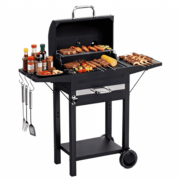 KEYO GRILL Charcoal Grill with Two Side Tables, Removable Ash Pan & Warming Rack, Black