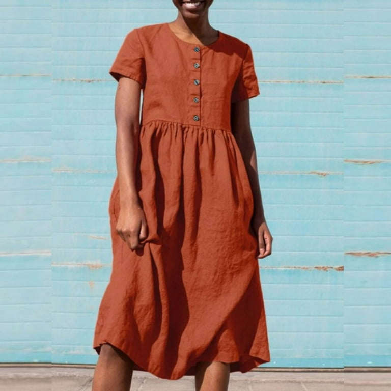 Plus Size Formal Dresses for Women Summer Elegant Color Button Loose Cotton  Linen Dress Regular Size Polyester Fabric Graduation Sun Dress Style-628  Red l - Walmart.com