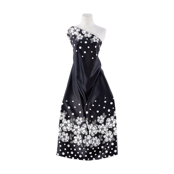 Zelouf Double Border Flower And Dot Print On Bridal Satin , Sewing, DIY, Crafts Fabric by the Yard, Black/white, 3 Yard