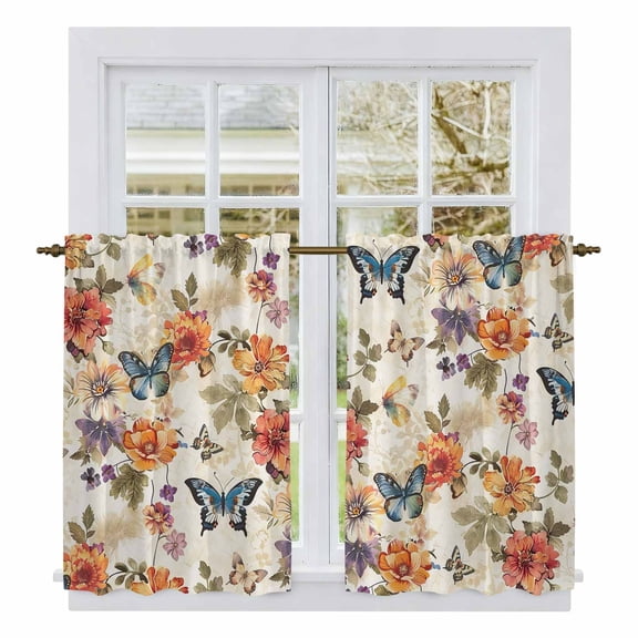 Spring Floral Tier Curtains, Colorful Vintage Botanical Butterfly Light Filtering Kitchen Curtains, 2Pcs Rod Pocket Half Window Treatments Panels for Sink Cafe Cabinet Basement 27.5x45 Inches