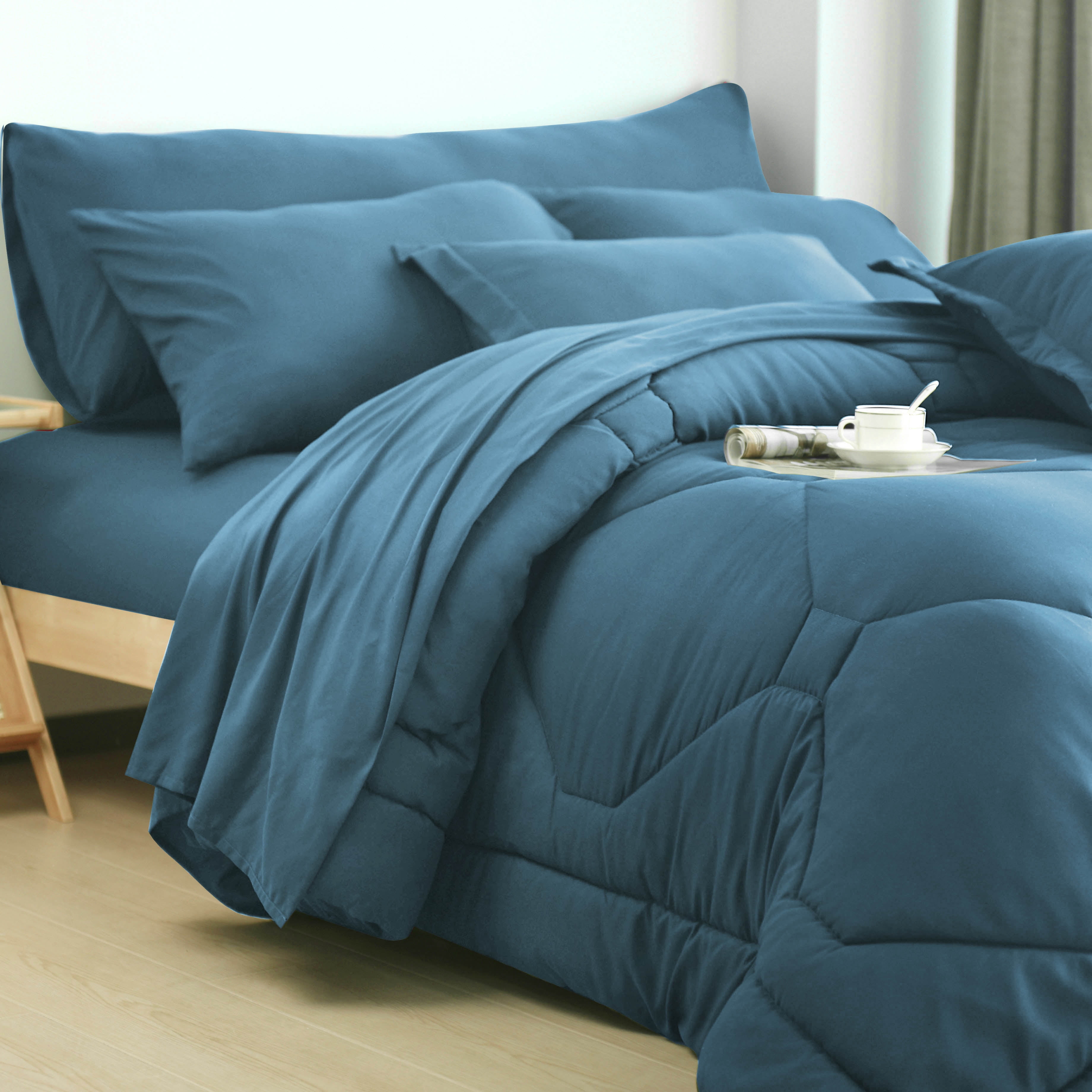 HIG 8 PCS Modern Comforter Set All Season Bed in a Bag, Dusty Blue, King Size