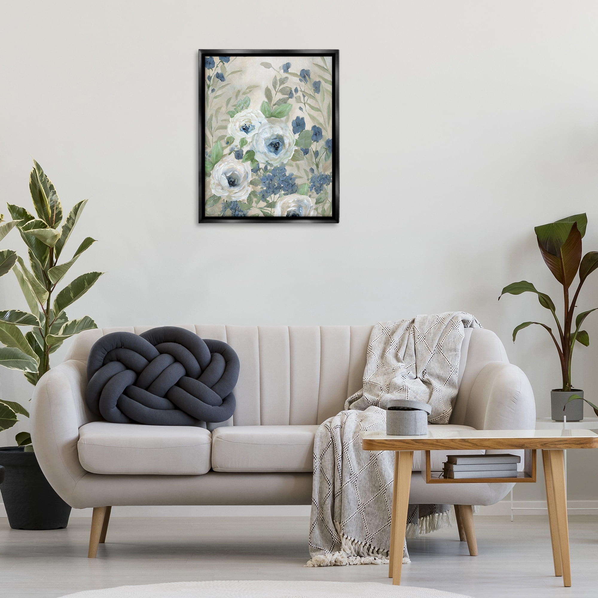 Stupell Industries Muted Blue & White Blossoms Floral Painting Black Floater Framed Canvas Art Print Wall Art, 25 x 31