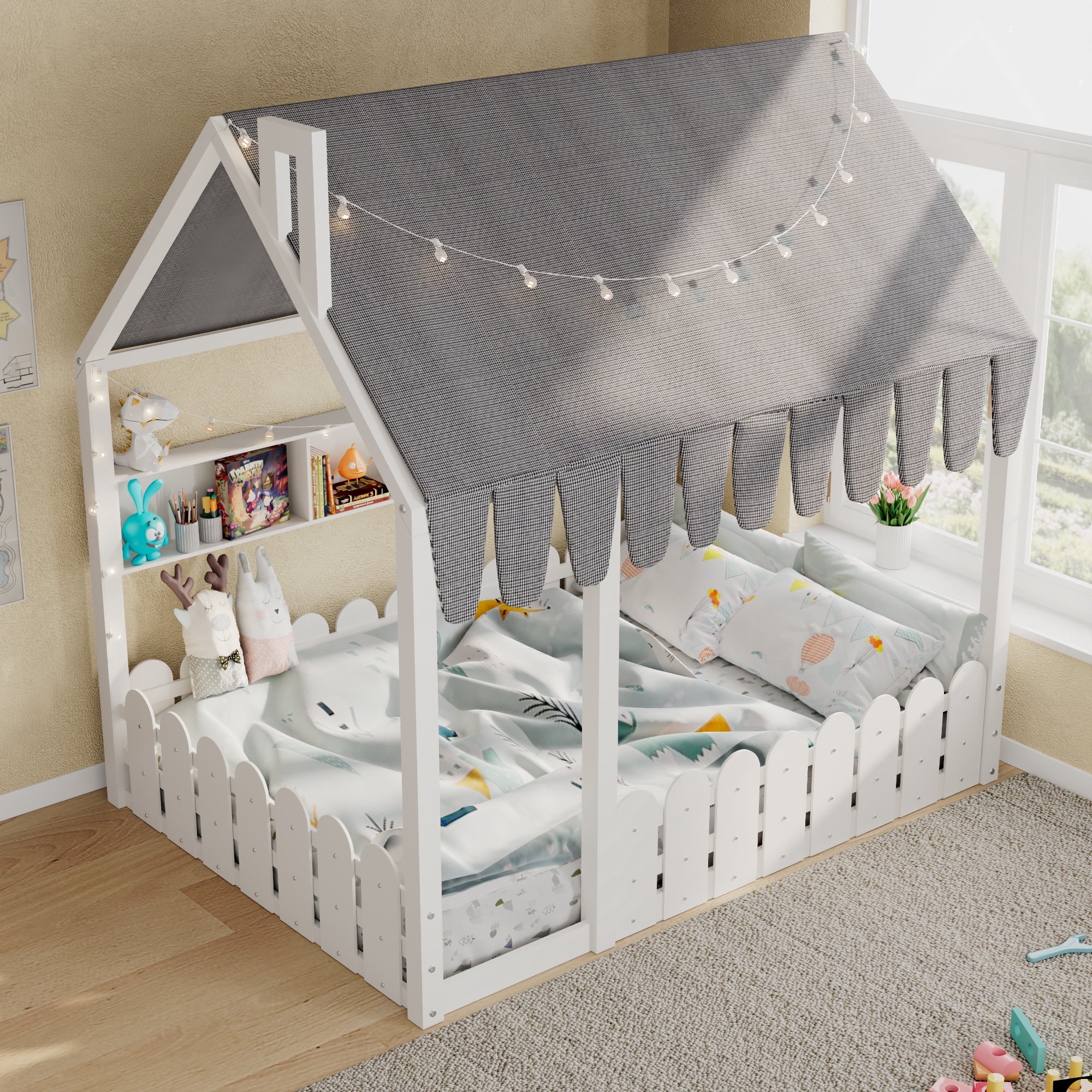 Sailvan Full Size Montessori House Bed for Kids, Floor Bed with Fence Railings, Slats not included