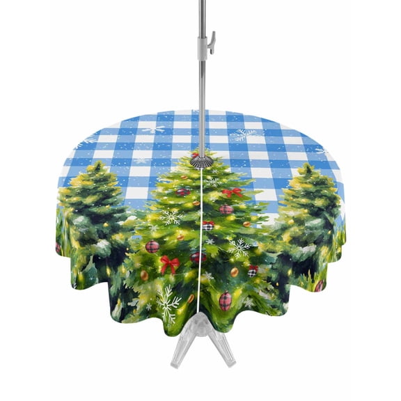 Outdoor Tablecloth with Umbrella Hole and Zipper, Christmas Snowflakes Round Table Cloth 60 Inch Waterproof Tablecloth, Xmas Winter Green Pine Trees Blue Plaid Picnic Table Cover for Patio Camping