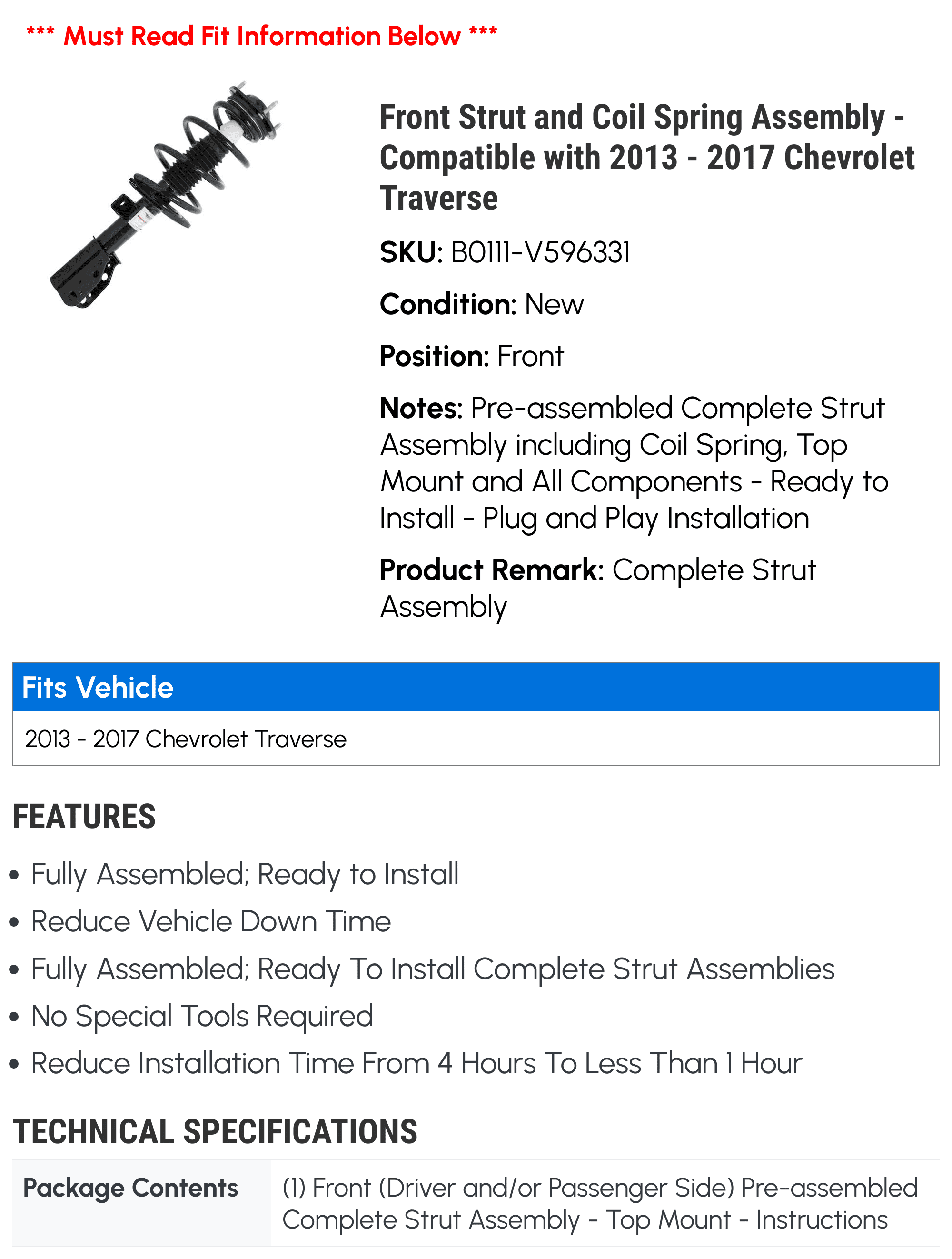 Front Strut and Coil Spring Assembly - Compatible with 2013 - 2017 Chevy Traverse 2014 2015 2016