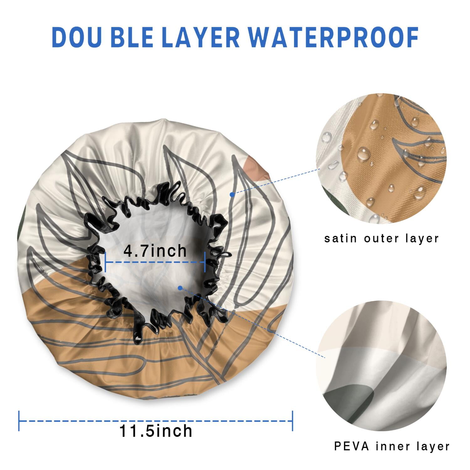 Shower Caps,Brown Boho Line Art Plant Pattern Waterproof Shower Cap for Women 4 Pieces,Double Reusable Hair Cover for Shower PEVA Elastic Stretch Hem