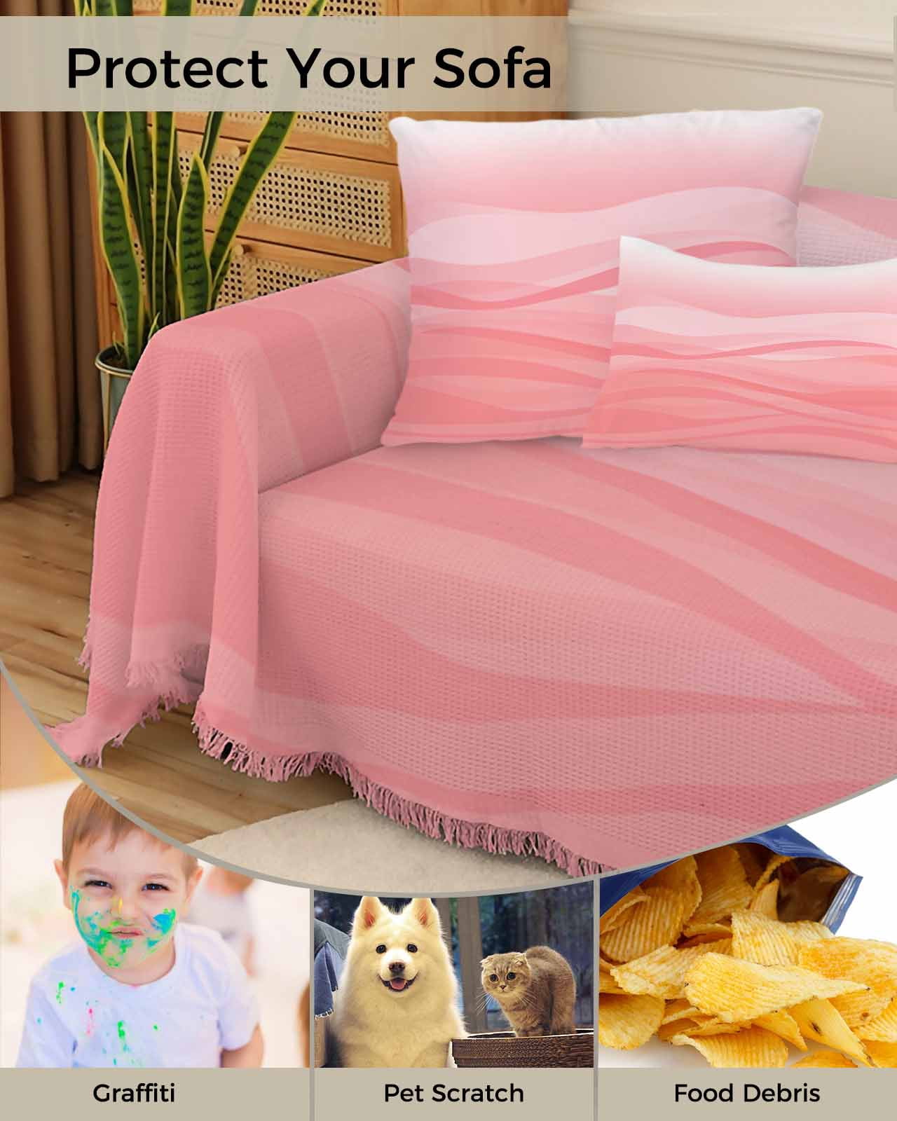 Coastal Pink Sofa Couch Covers for Dog,Washable Sectional Couch Slipcoverfor Loveseat with Tassels,Ocean Wave Gradient Abstract Modern Solid Non Slip Sofa Throw Cover Blanket Large 71''x102''