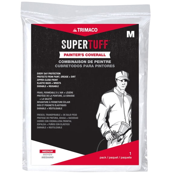 Trimaco SuperTuff Coveralls Workwear - Elastic Back & Wrists, Zipper - Medium, White