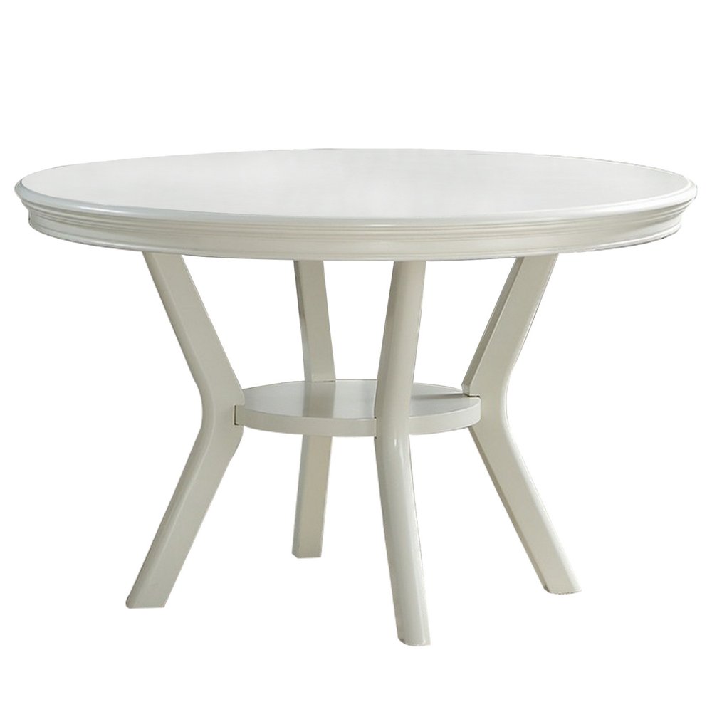 Round Wooden Dining Table with Bottom Shelf and Flared Legs, White