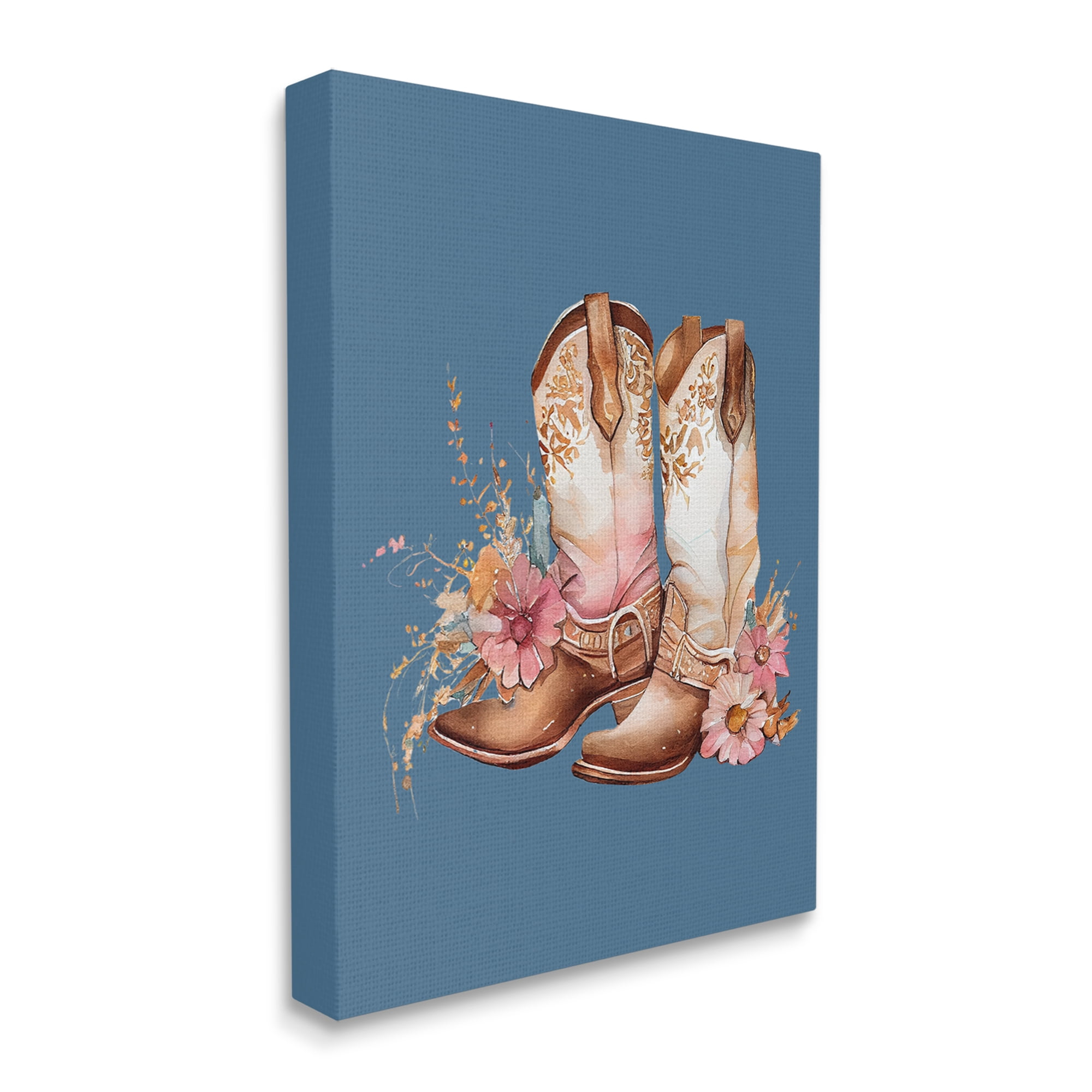 Stupell Industries Floral Cowgirl Boots on Blue Beauty & Fashion Painting Gallery Wrapped Canvas Art Print Wall Art, 36 x 48