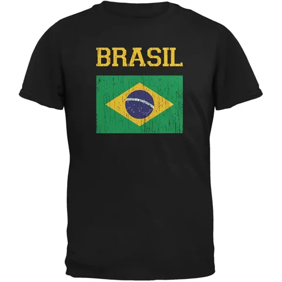Retro Brasil Flag Distressed Graphic T-Shirt Vintage Brazil National Pride Men's Unisex Cotton Tee Black