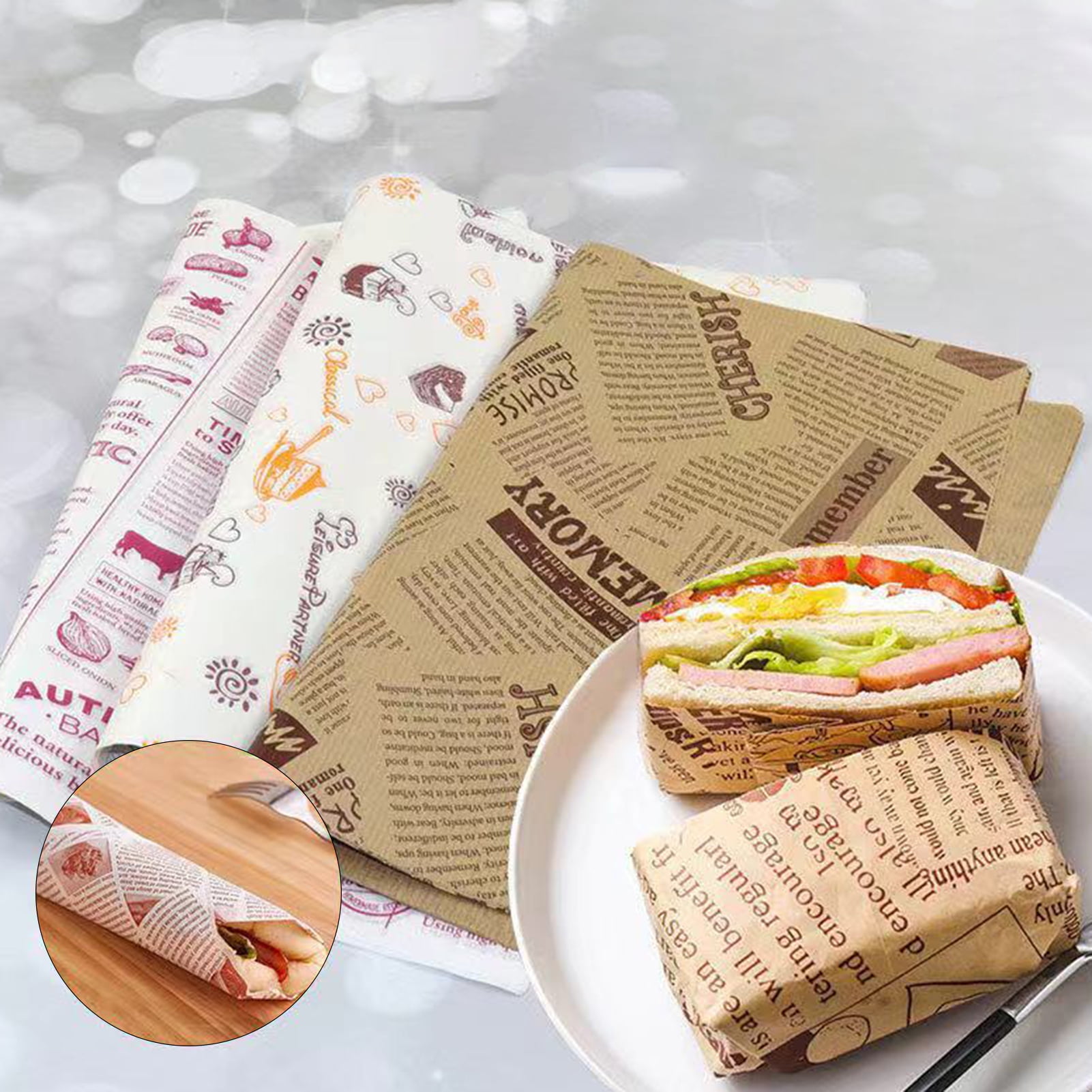 buateil 50Pcs Sandwich Wrapper Greaseproof Foldable Rectangle Shape