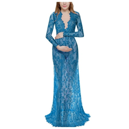 

Maternity Photography Pregnant Women Lace Fashion Long Sleeve V Neck Maxi Evening Dress Sleeveless for Women Gray Dress for Women