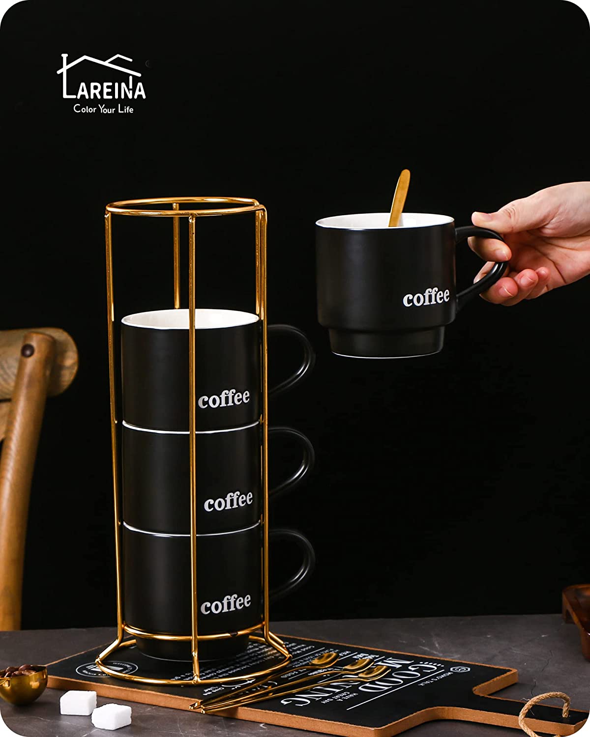Lareina Porcelain Stackable Coffee Mug Set With Stand Rack and Spoons, 15 Ounce Cappuccino Cup Set of 4 for Specialty Coffee Drinks and Tea - Black