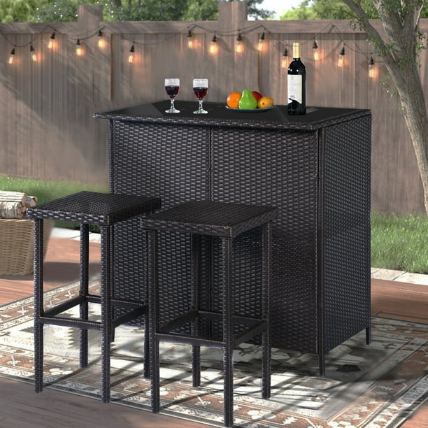 Mcombo 3PCS Black Wicker Bar Set, Outdoor Bar Table & 2 Stools Steel