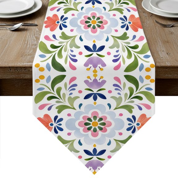 Ethnic Botanical Table Runner Linen Burlap Table Runner 90 Inches Long Boho Flowers Spring Wildflowers Dresser Scarves for Kitchen Island Coffee Dining Room Party Wedding Holiday Decoration 13"x90"