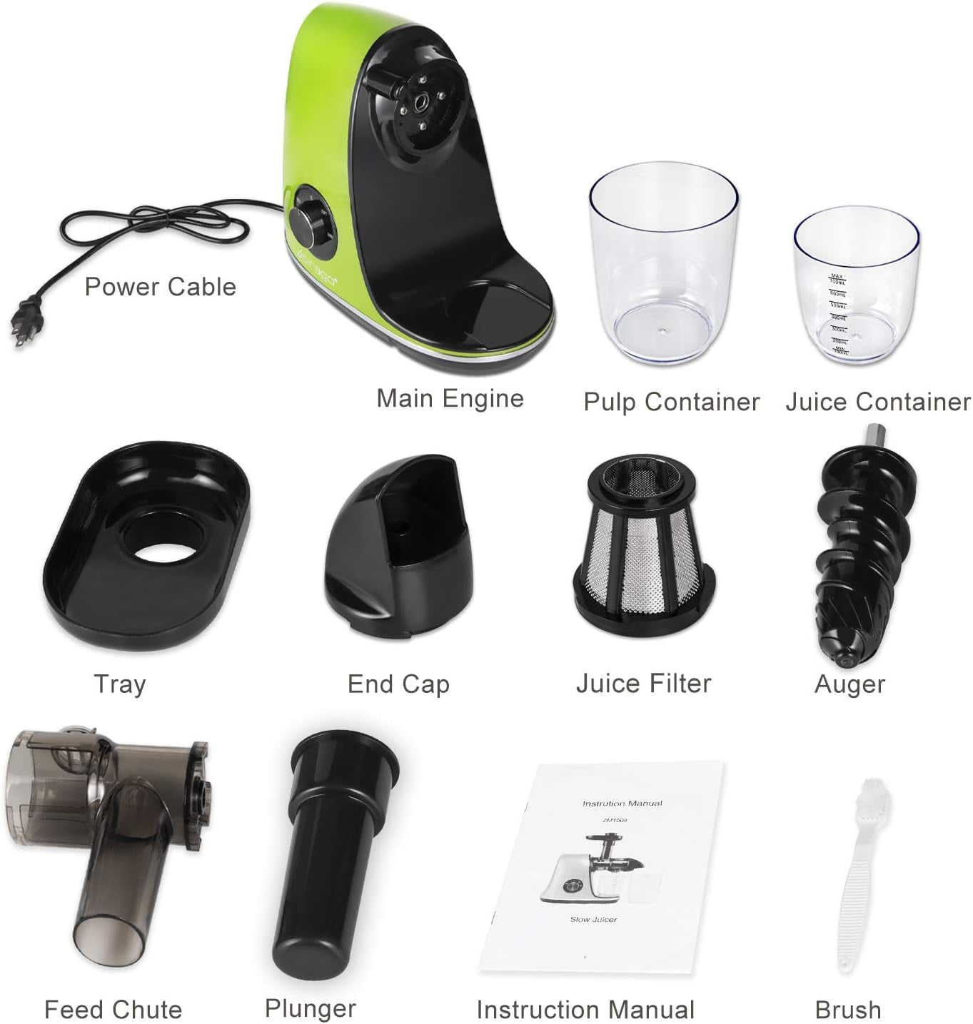 Horizontal Cold Press Juicer, Two Speed ​ ​ Adjustments, Slow Masticating Juicer Extractor, Easy to Clean, Silent Motor, Suitable for Vegetables and Fruits,  (Green)