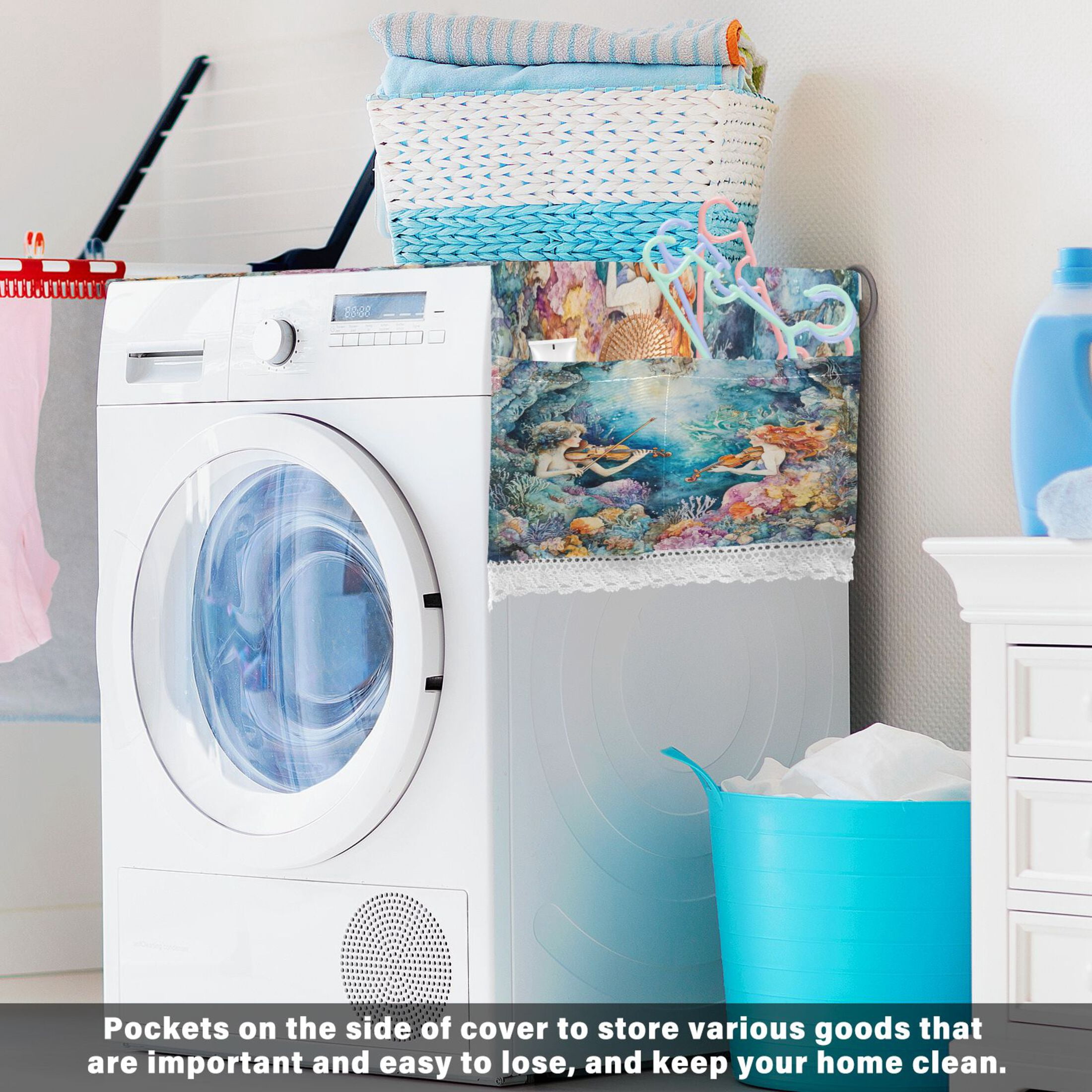 Washing Machine Cover 51.2x22in, Durable Polyester Dust Cover with Lace Trim and Side Pocket for Appliances The Mermaid Plays Music