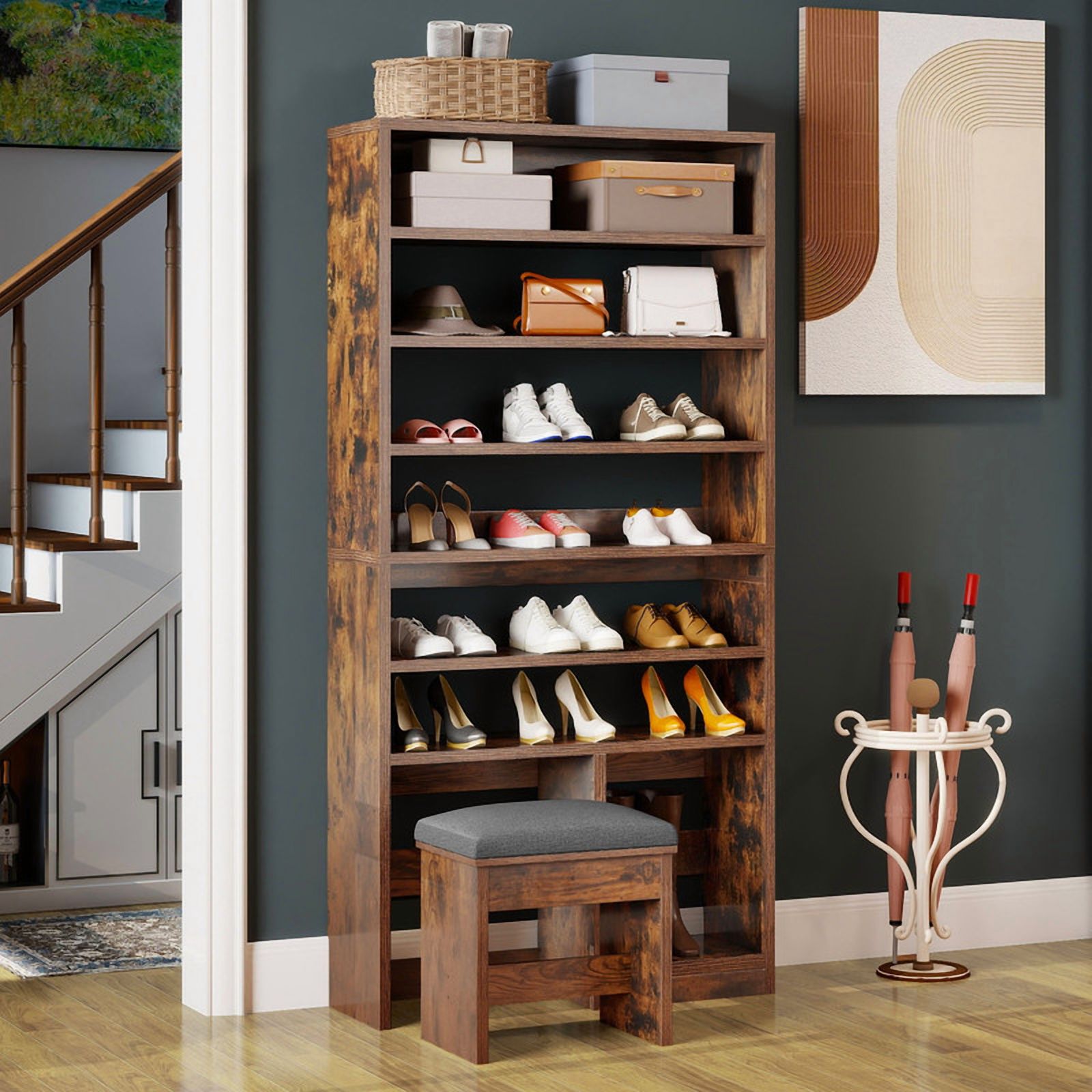 UFORIC 8-Tier Shoe Cabinet with Bench, 70.9" Tall Open Shoe Storage for Entryway, Brown