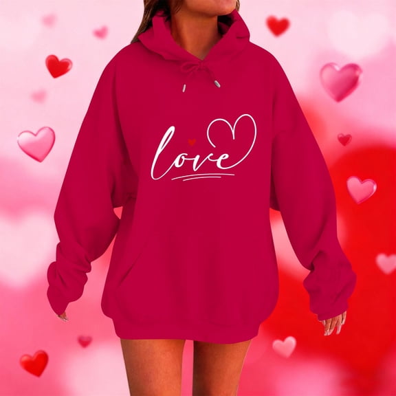 Yteetum Valentine Gift Woem's Valentines Heart Print Hoodies Plus Size Drawstring Hooded Sweatshirt Top Womens Casual Solid Overszied Graphic Printed Loose Comfy Hood Fall Spring Clothes