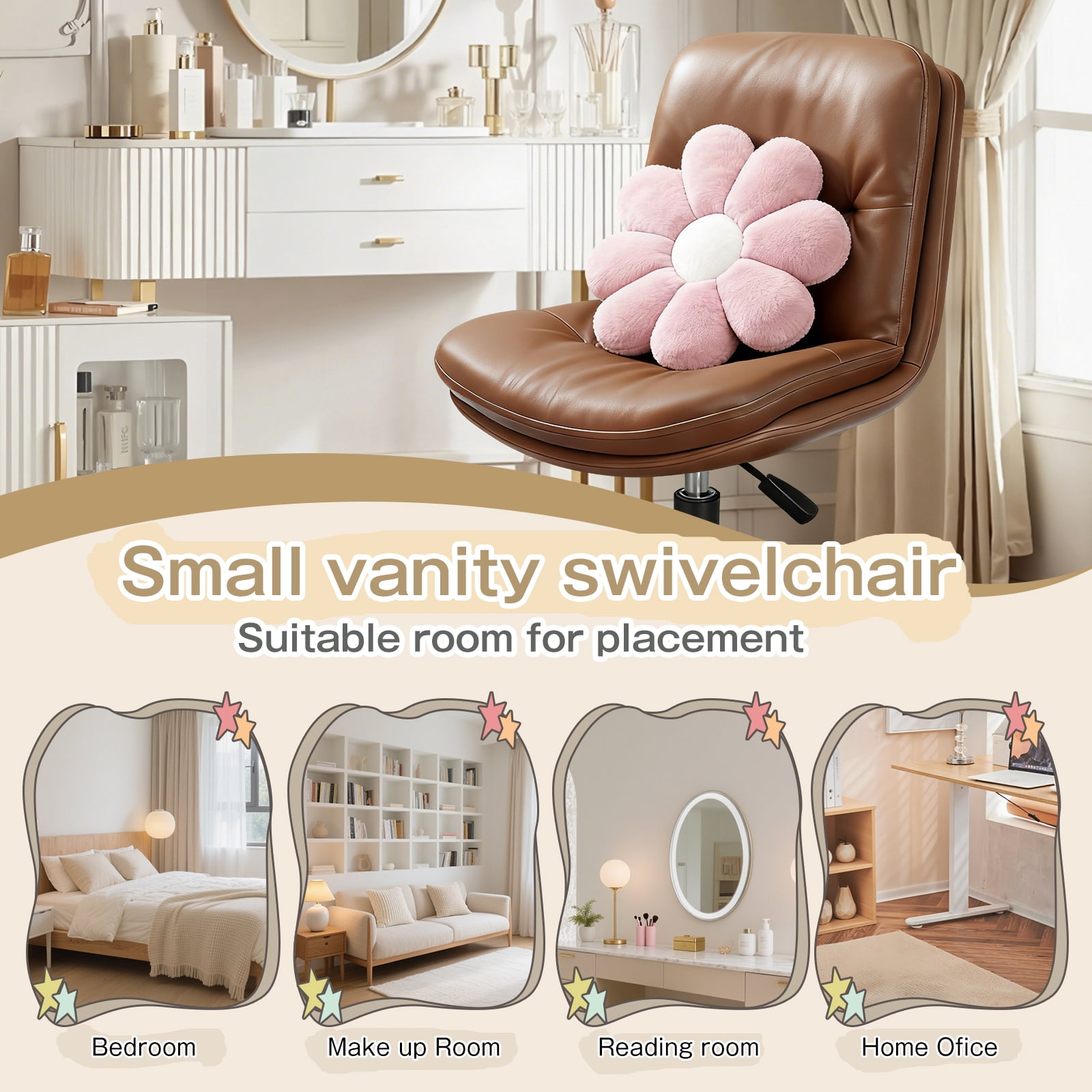 Vanity Chair with Back, PU Leather Swivel Office Desk Chair, Height Adjustable Armless Chair for Small Spaces, Bedroom, Vanity, Home Office Brown