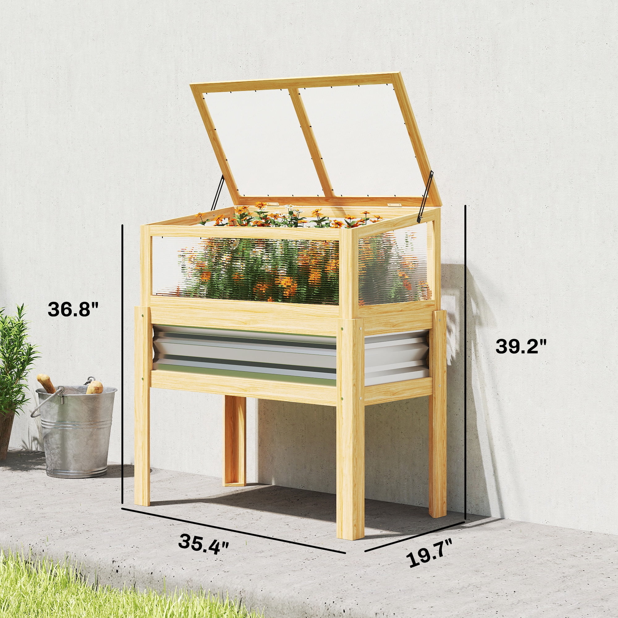 Outsunny Raised Garden Bed with Mini Greenhouse, Elevated Planter Box with Legs and Bed Liner for Flowers, Vegetables, Natural