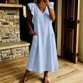 thumbnail image 6 of ClodeEU Women's Linen V Neck Flutter Sleeves Dress with Pockets,Solid Color Casual Loose Fit Summer Midi Dress Light Blue,Women's Plus L, 6 of 6