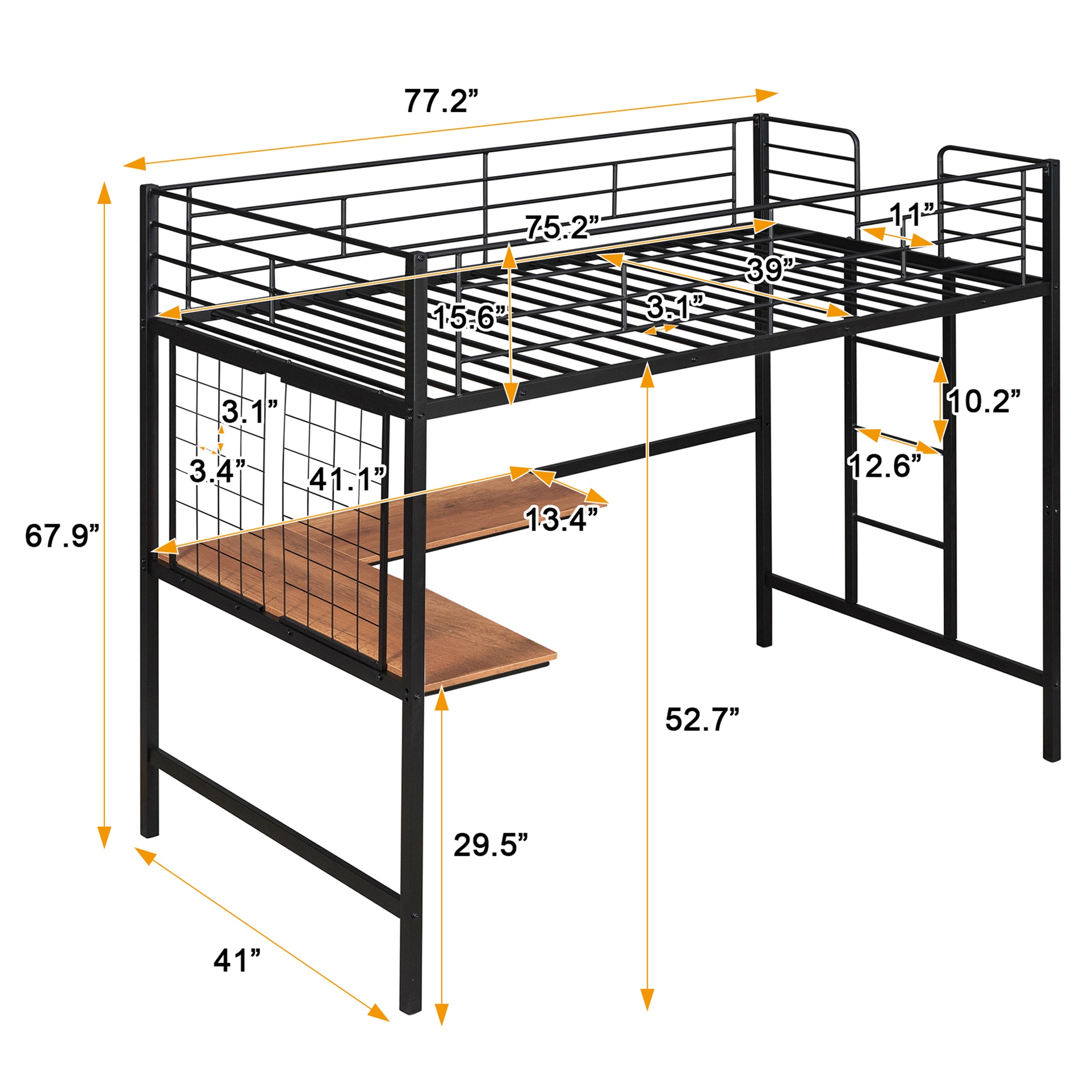 Gewnee Twin Size Metal Loft Bed Frame with L-Shape Desk and Metal Grid for Kids,Teens, Black