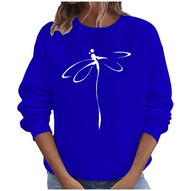 Penkiiy Blouses pour Femmes Hauts d'Automne Manches Longues Chandail Ample Chemise Décontractée Imprimé Poitrine Col Rond Chandails en Molleton Bleu Vêtements Y2K