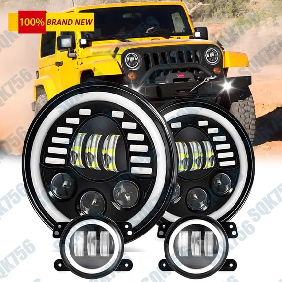 7" Inch Halo LED Headlights Fog Lights Combo For Jeep Wrangler JK JKU 2007-2018