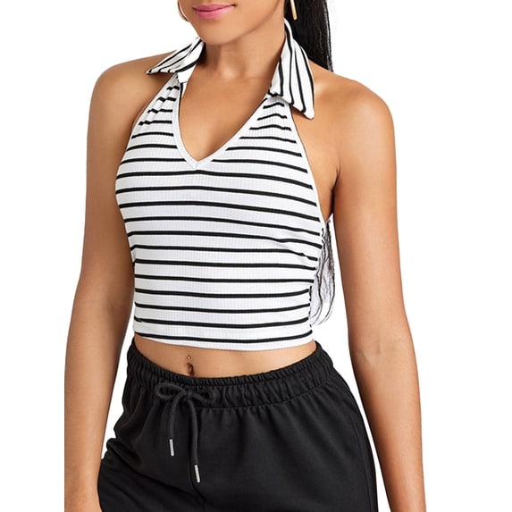 Lovito Casual Striped Collar Crop Tank Tops