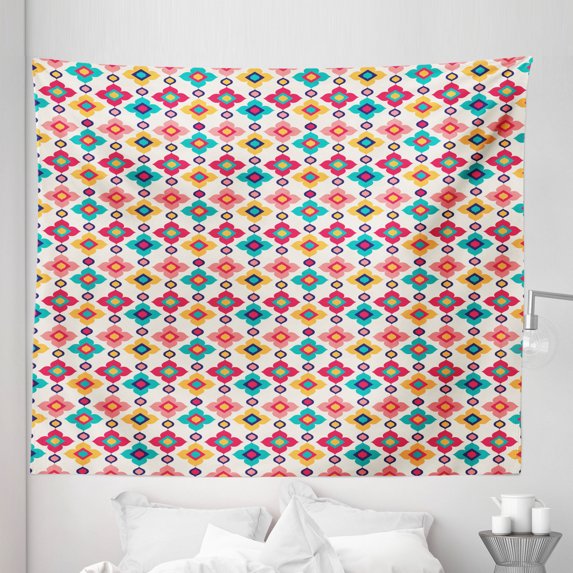 Ethnic Tapestry, Oriental Inspired Floral Pattern as Vertical Lines Array in Colorful Design, Fabric Wall Hanging Decor for Bedroom Living Room Dorm, 5 Sizes, Ivory Multicolor, by Ambesonne