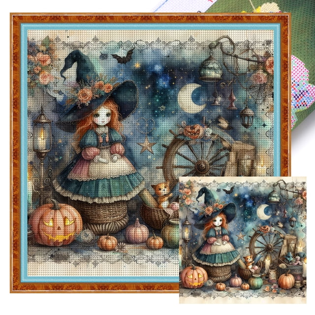 Hilo Algodón Ecológico Bordado Punto Cruz Bruja Halloween Con 11CT 50x50cm
