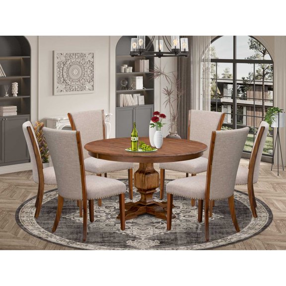 East West Furniture Ferris 7 Piece Round Dining Room Set in Walnut Finish