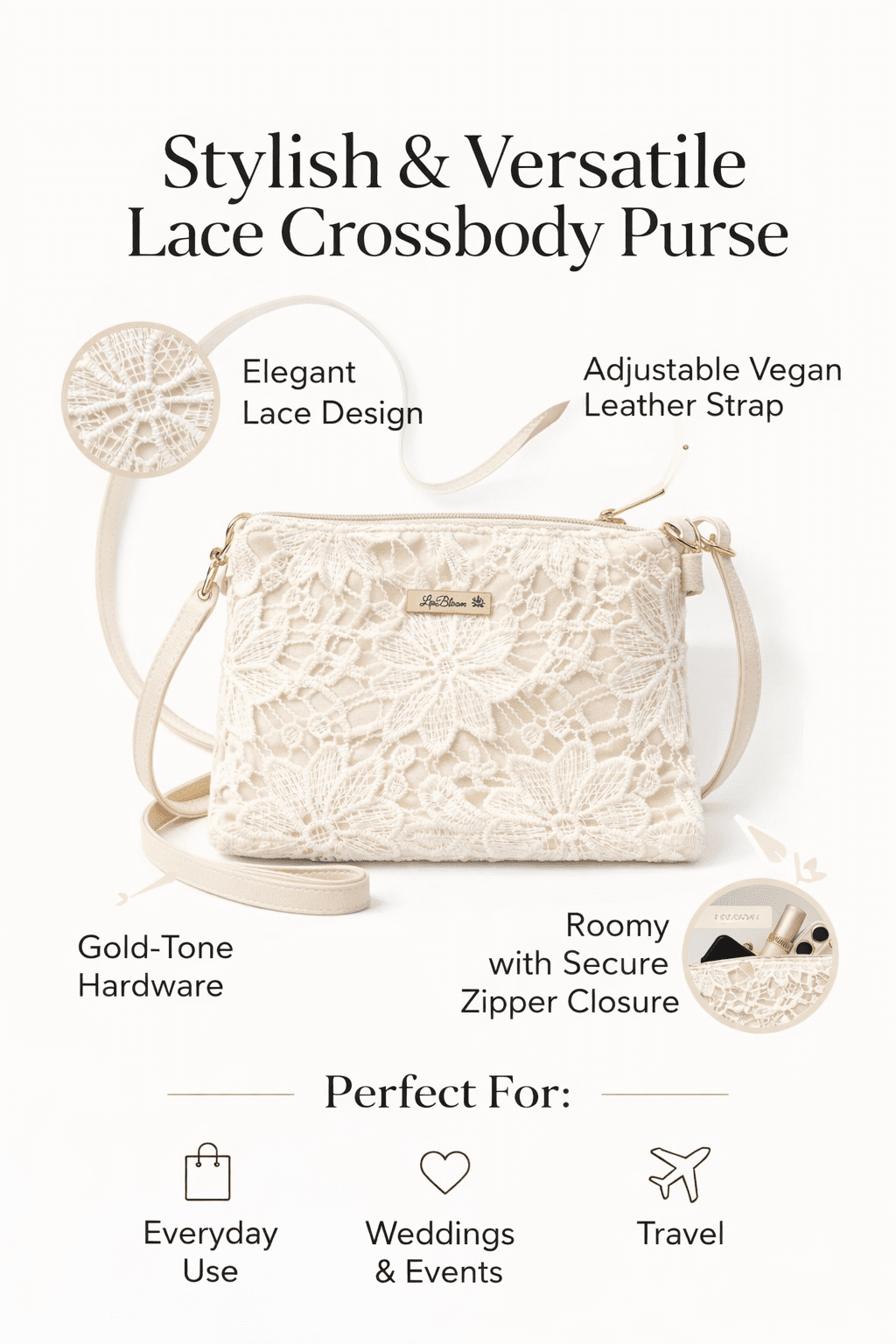 LwBloom Desert Glow Woven Shoulder Crossbody Bag – Beige Women’s Purse, Elegant Floral Handbag with Adjustable Strap, Lightweight Small Fashion Purse for Weddings, Travel & Everyday Use