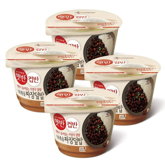 Cupbahn Korean Pre-Cooked Meal with White Rice - 25 Taste by Hetbahn 컵반 햇반 (Black Bean Jjajang Sauce, 4 Bowls)