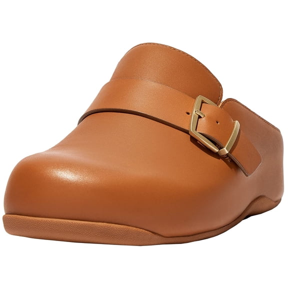 FitFlop Shuv Buckle-Strap Leather Clogs Light Tan 5 M (B)
