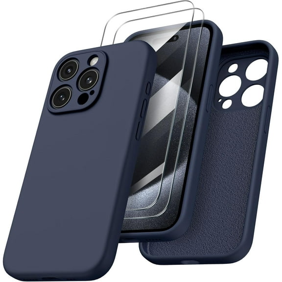 Compatible with iPhone 15 Pro Case with 2 x Screen Protector, Liquid Silicone Gel Rubber Cover [Full Body] Shockproof Protective Phone Case for iPhone 15 Pro, Midnight Blue