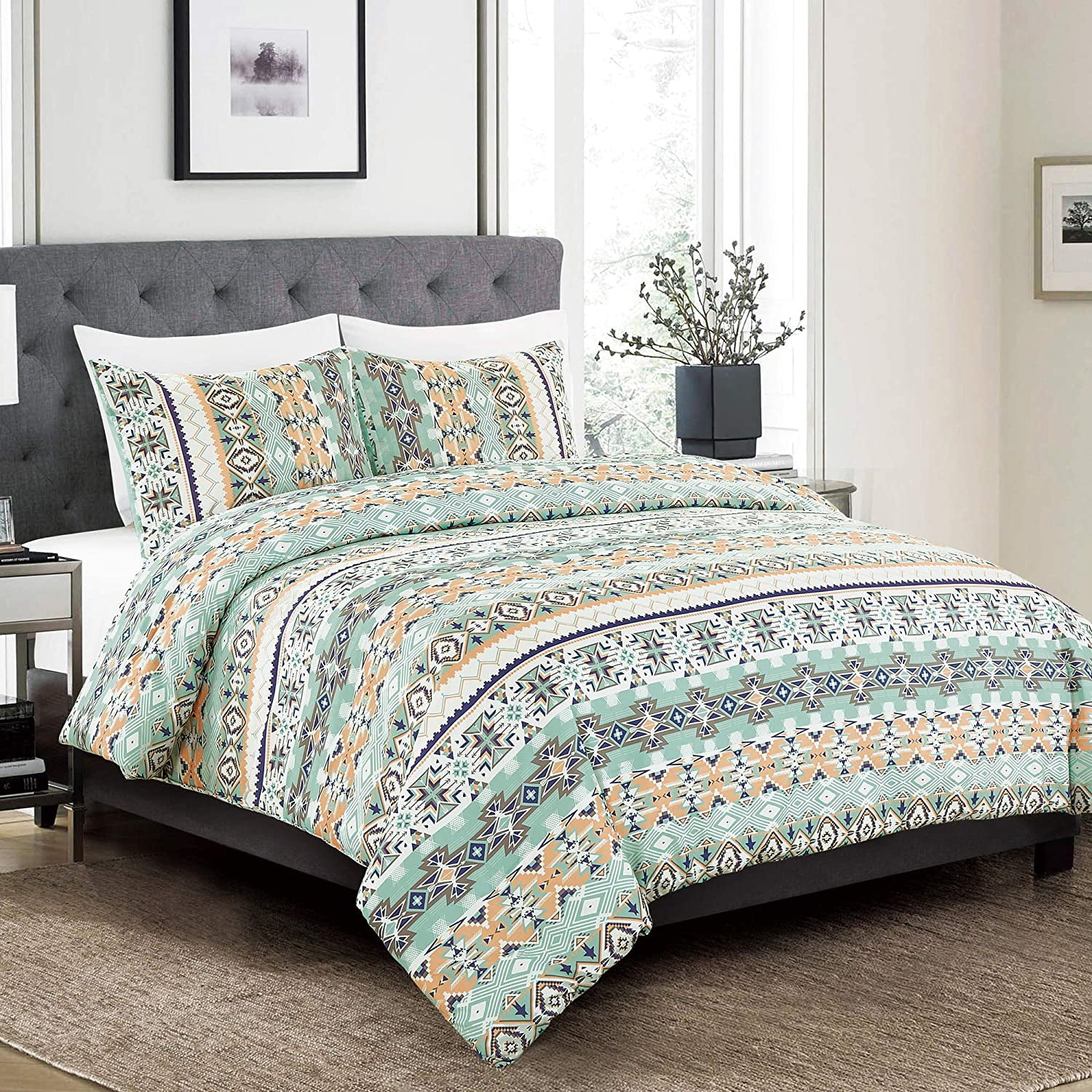 3 Piece Southwestern Bedding Print Comforter Set Multicolor Light Teal Mint Green White Queen Size Comforter Western Bedding Set Design Molly Walmart Com Walmart Com