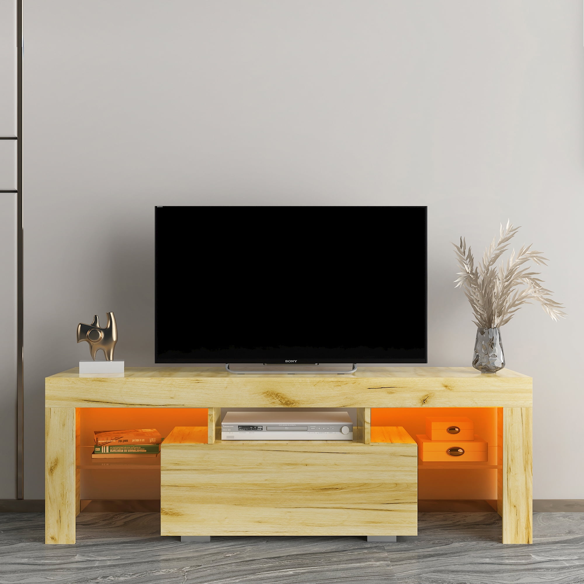 Oak TV Stand with LED Lights Storage for TVs up to 55 inches