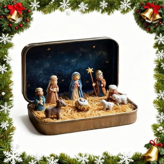 Mini Christmas Nativity Set in a Tin Box,Nativity Sets & Figures,Handcrafted Pocket Bethlehem Scene,Portable Holy Family Display, Small Religious Ornament, for Desk, Shelf,Office