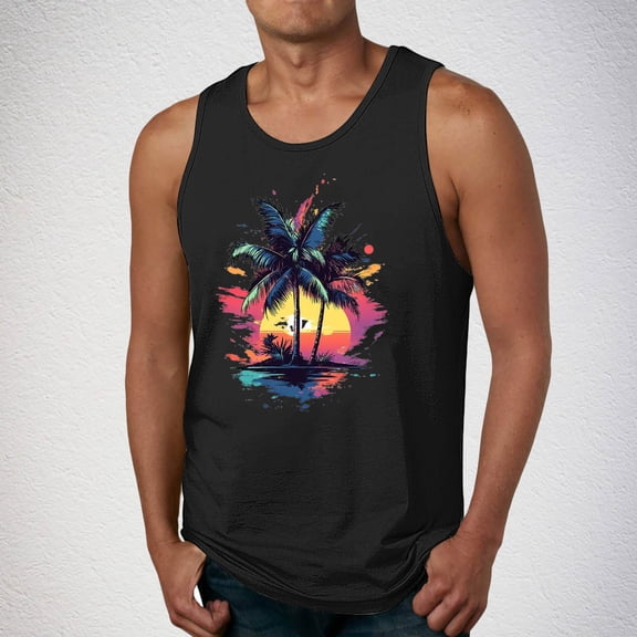 qelini Mens Tank Tops Stretchy Long Vest Top Crewneck Sleeveless Shirt Vest Tropical Print Cloths
