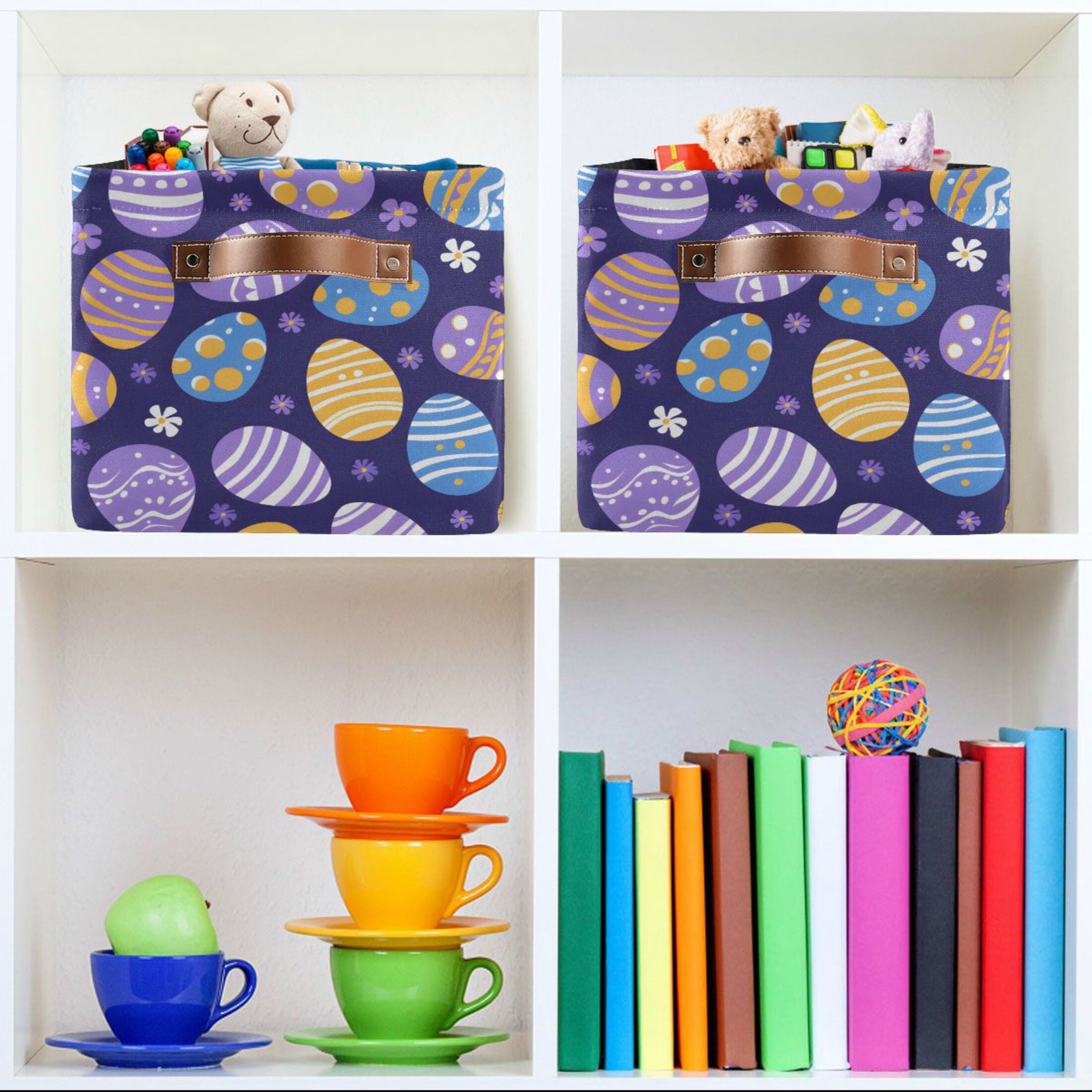 Easter Egg and Snow Storage Bins with Handle Fabric Organizer Basket Foldable Box 2 Pack 14.2x10.2x8.3